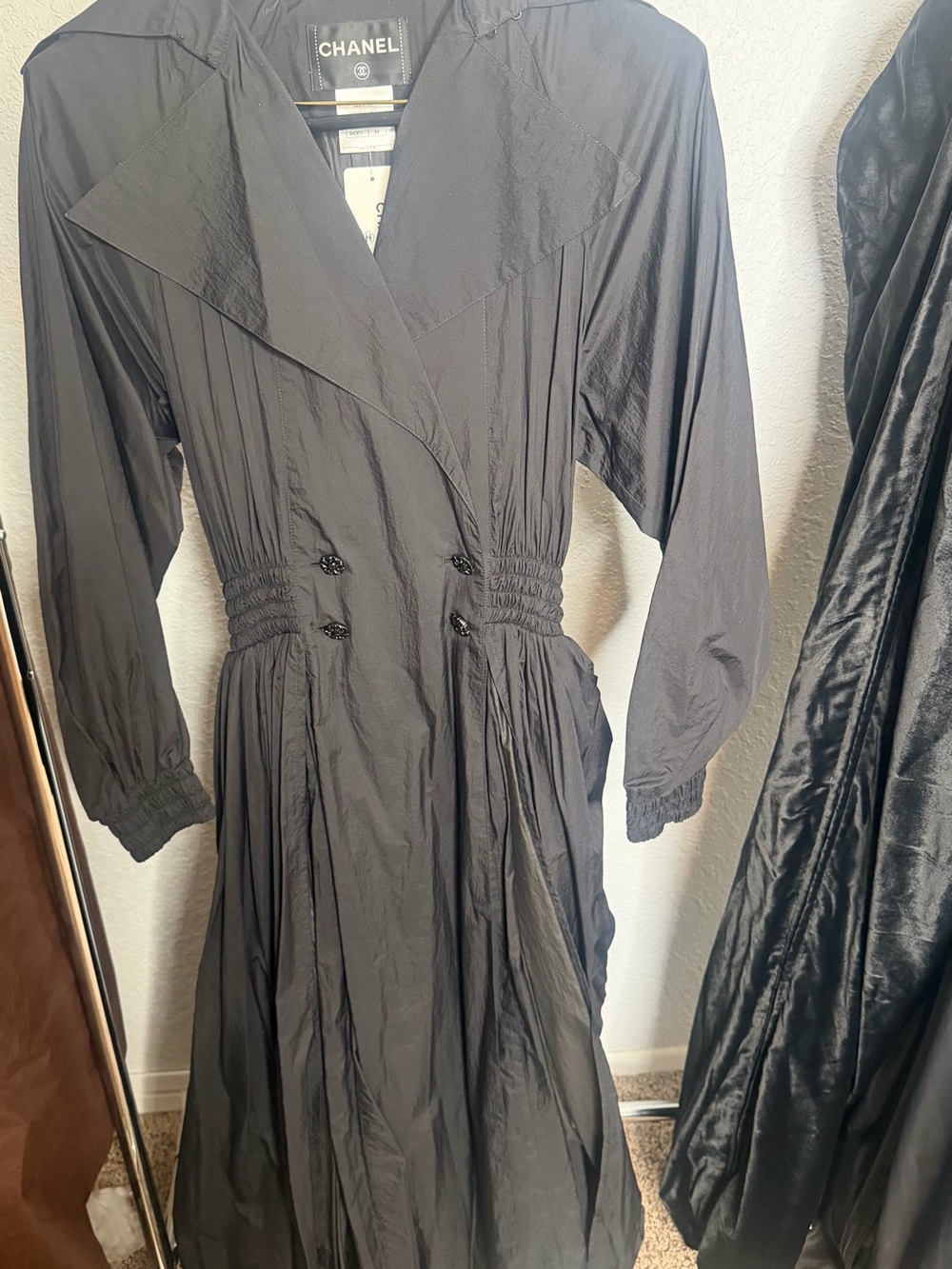 CHANEL Black Long Sleeve Nylon Oversize Trench- Coat Style Dress